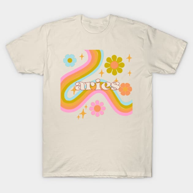 Aries 70s Rainbow with Flowers T-Shirt by Deardarling